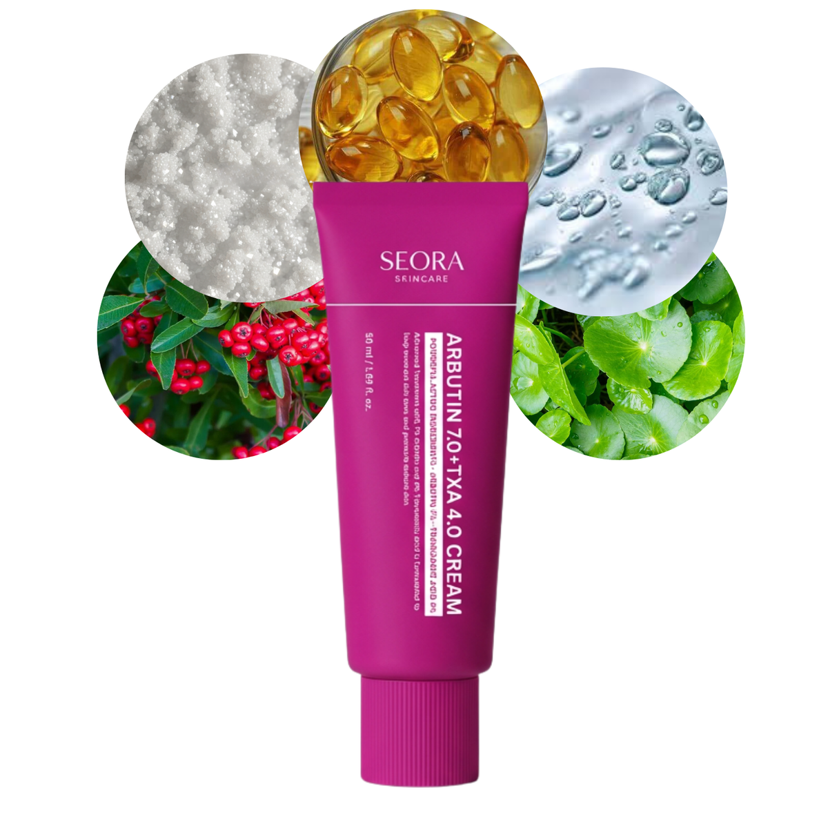 Arbutin and Tranexamic Acid cream with ingredient gemstones